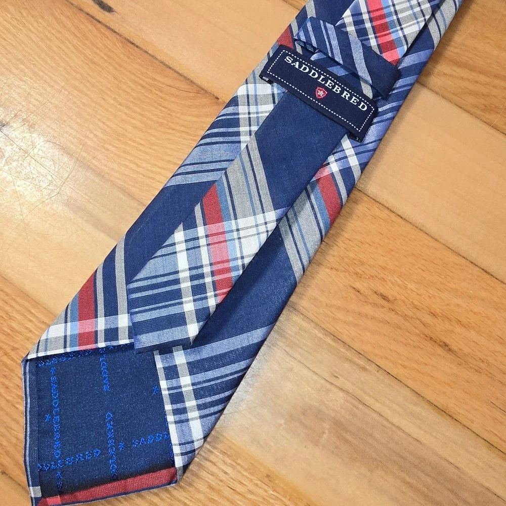 Saddlebred Mens Necktie Navy Blue Red White Plaid Cotton Blend Classic Tie